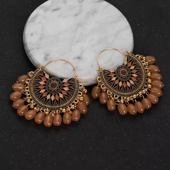 Ethnic Gypsy Taupe Gold Earrings - Picture 3 of 3
